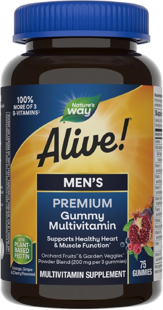Doğanın Yolu Alive! Erkekler Premium Gummy Multivitamin, Sağlıklı Kalp, Kas Fonksiyonlu*, Full B-Vitamin Kompleksi, Orange, Grape, Cherry Flavored, 75 Gummies (Pazar Mayıs Vary)