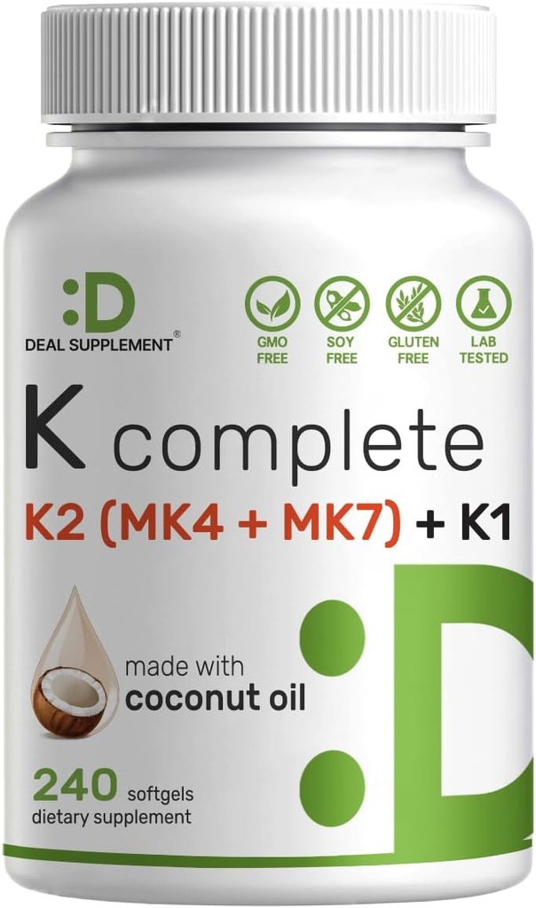 DEAL SUPPLEMENT Vitamin K Complete - 240 Coconut Oil Softgels | Yüksek Potency Vitamin K2 (MK-7 ve MK-4) & K1 | Full Spectrum Triple Vitamin K | Bone, Common, & Immune Support – Non-GMOMO