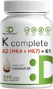 DEAL SUPPLEMENT Vitamin K Complete - 240 Coconut Oil Softgels | Yüksek Potency Vitamin K2 (MK-7 ve MK-4) & K1 | Full Spectrum Triple Vitamin K | Bone, Common, & Immune Support – Non-GMOMO