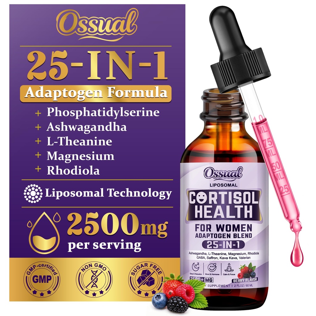 25-in-1 Liposomal 2500MG Cortisol Supplements for Women, Cortisol Detox Drops with Magnesium, Phosphatidylserine, Ashwagandha, L-Theanine, Rhodiola & GABA - Sleep*, Hormone, Focus, Calm, Mood (60ML)