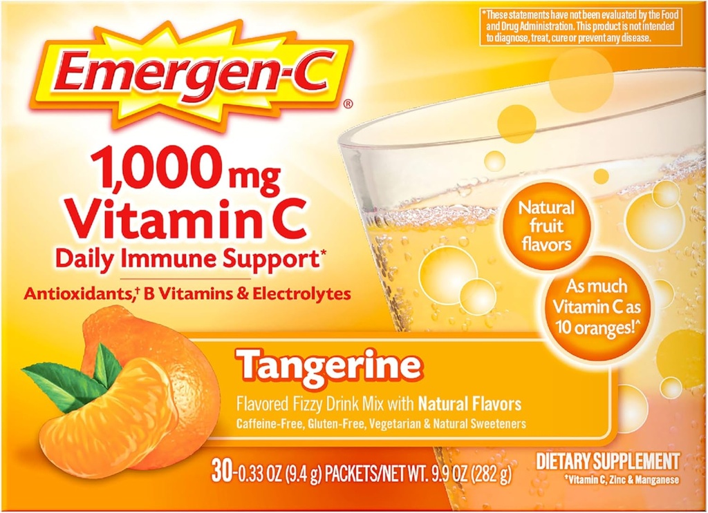 Emergen-C 1000 Vitamin mg C Immune Support Toz Tangerine 30CT, çinko, Manganese, 7 B Vitamini ve Electrolytes for Back to School Essentials