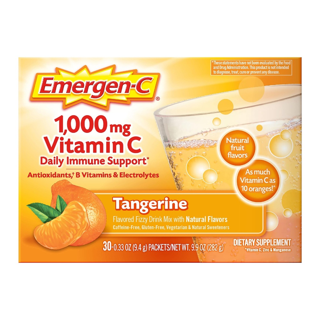 Emergen-C 1000 Vitamin mg C Immune Support Toz Tangerine 30CT, çinko, Manganese, 7 B Vitamini ve Electrolytes for Back to School Essentials