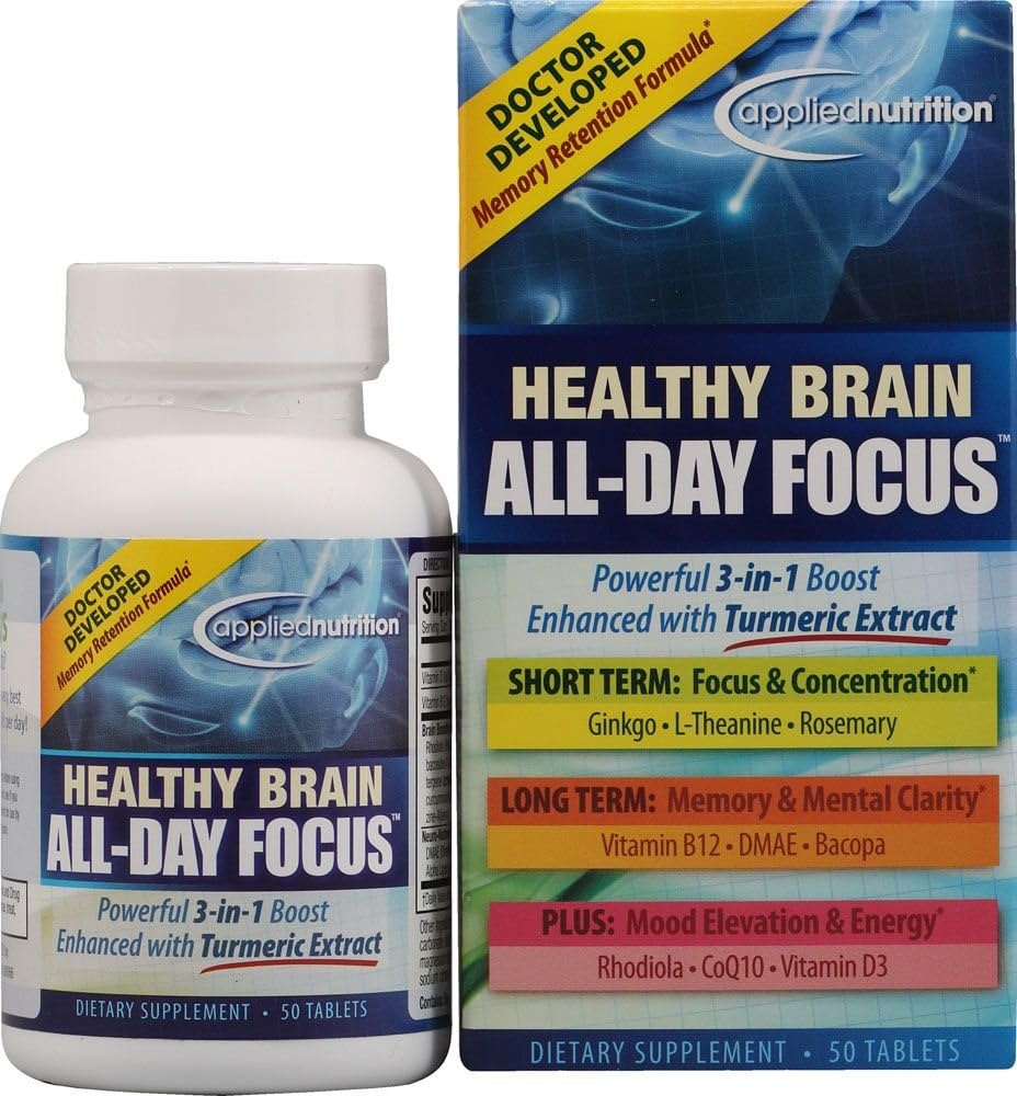 Εφαρμοσμένη Διατροφή Υγιής Εγκέφαλος All-Day Focus - 50 Ταμπλέτες - Ισχυρό 3-σε-1 Εγκέφαλος Booster με Turmeric Extract - 25 Σερβίρει