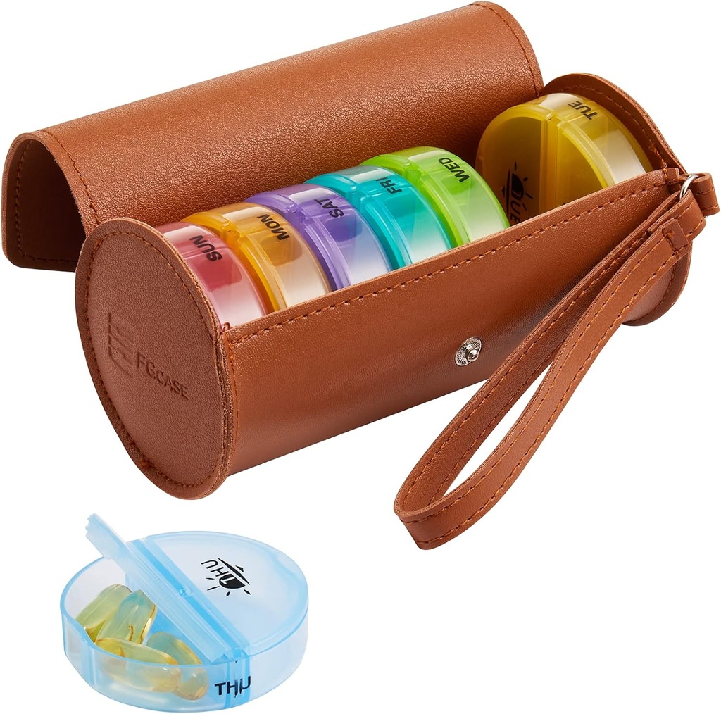 FGcase Weekly Pill Organizer 2 Times a Day Large 7 Day Rainbow Pill Box with Brown PU Deri Case Portable Travel Drug Konteyner AM PM Pill Box for Vitamins, Fish Oils, Medicine, Supplements