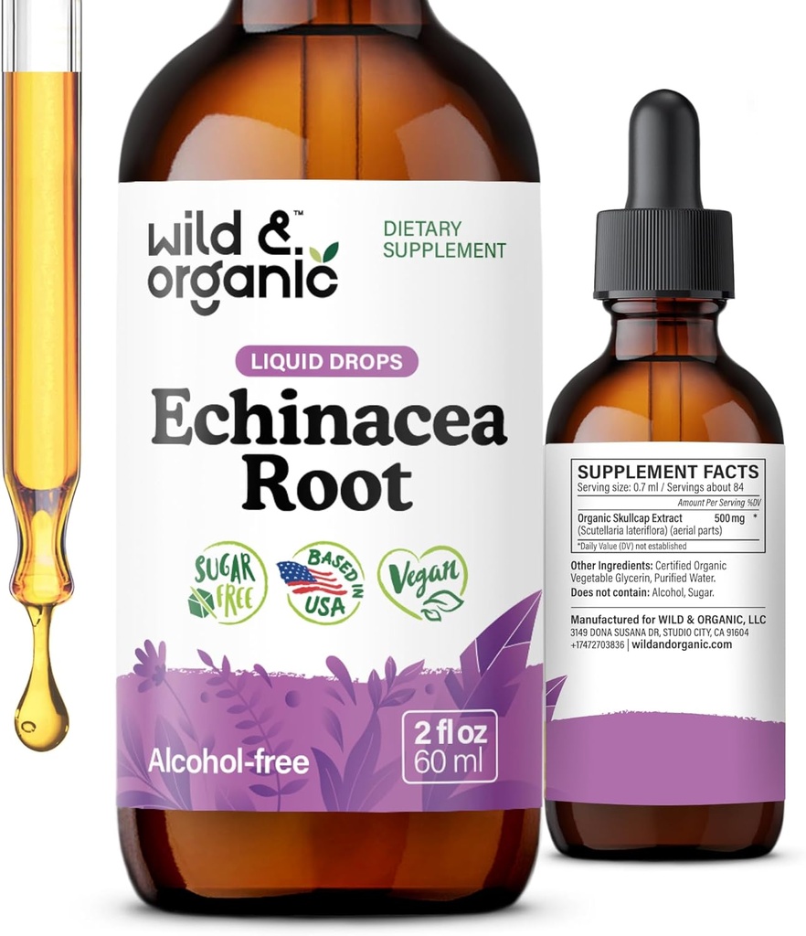 Wild & Organic Echinacea Tincture - Immune Support Drops with Liquid Echinacea Root Extract - Angusolia Supplements - Vegan, Sugar & Alkol-Free - 2 fl ozzz