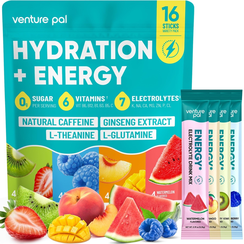 Venture Pal Electrolytes Powder Packets for Hydration & Energy, Natural Caffeine, 7 Electrolytes, 6 Vitamins, L-Theanine, L-Tyrosine & Ginseng, Sugar Free Drink Mix for Focus and Recovery, 16 Sticks