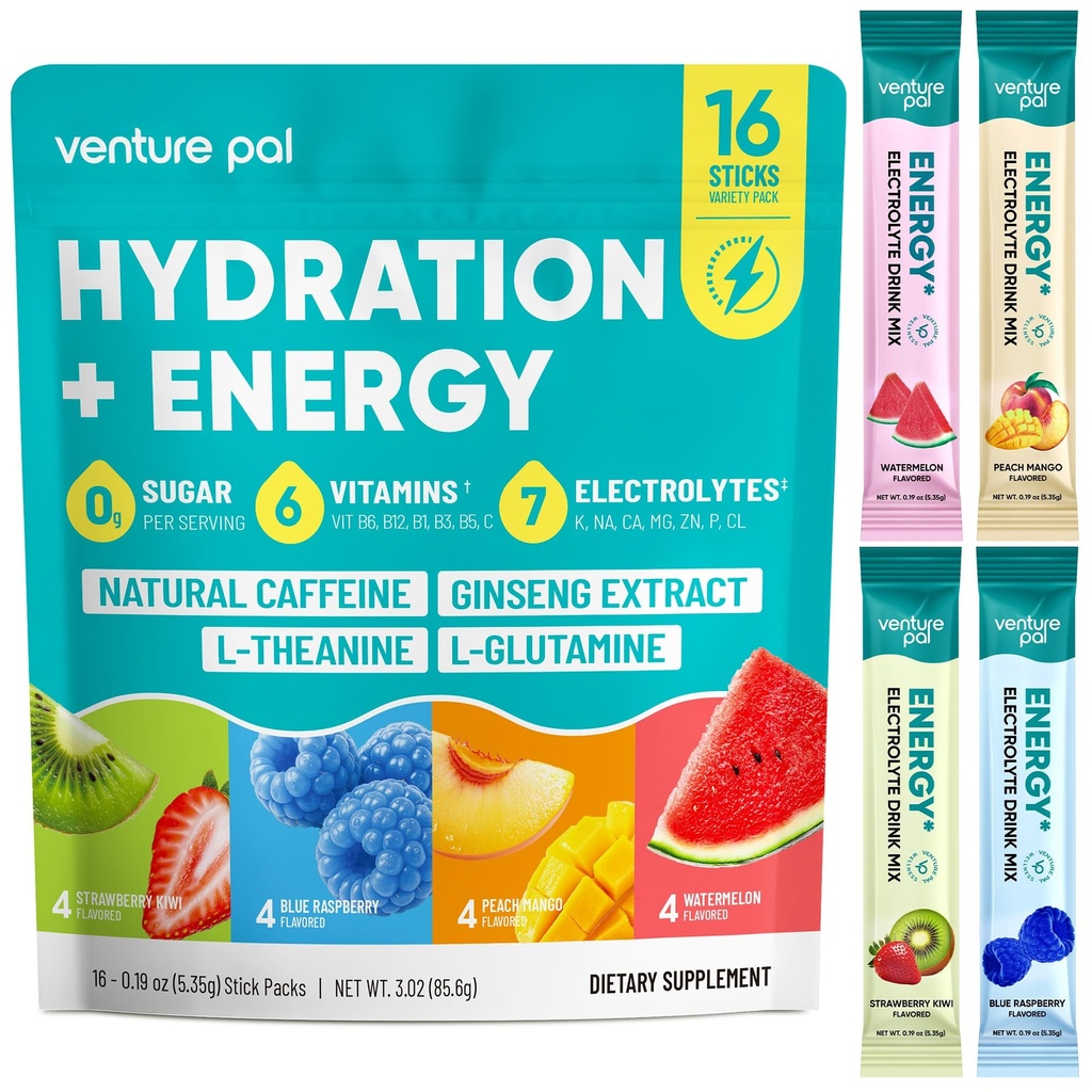 Venture Pal Daily Energy Electrolytes Powder Drink Mix, 2-in-1 Hydration & Energy Support with 7 Electrolytes, 100mg Natural Caffeine, 6 Vitamins, L-Theanine & Ginseng, Sugar Free, 16 Sticks