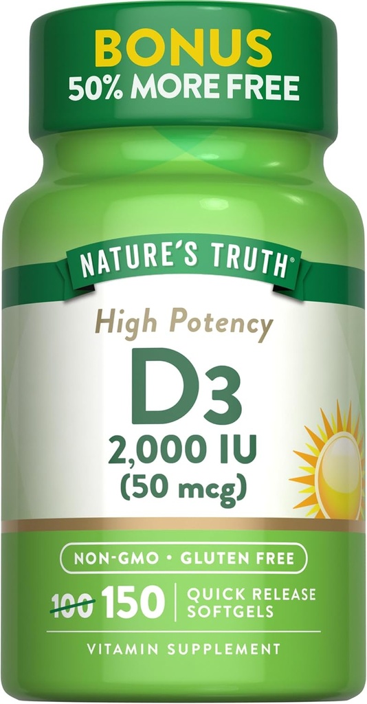 Nature's Truth Vitamin D3 2000 IU Softgels for Adults | 150 Count | High Potency | Non-GMO and Gluten Free Supplement