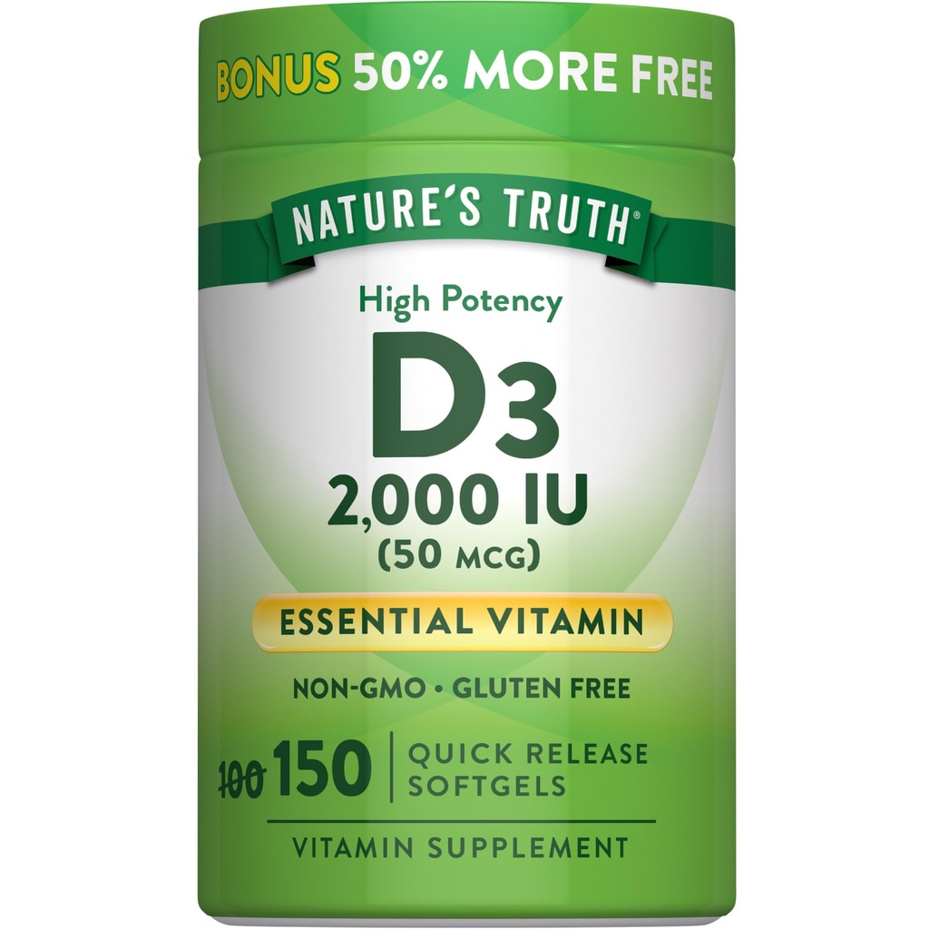 Nature's Truth Vitamin D3 2000 IU Softgels for Adults | 150 Count | High Potency | Non-GMO and Gluten Free Supplement