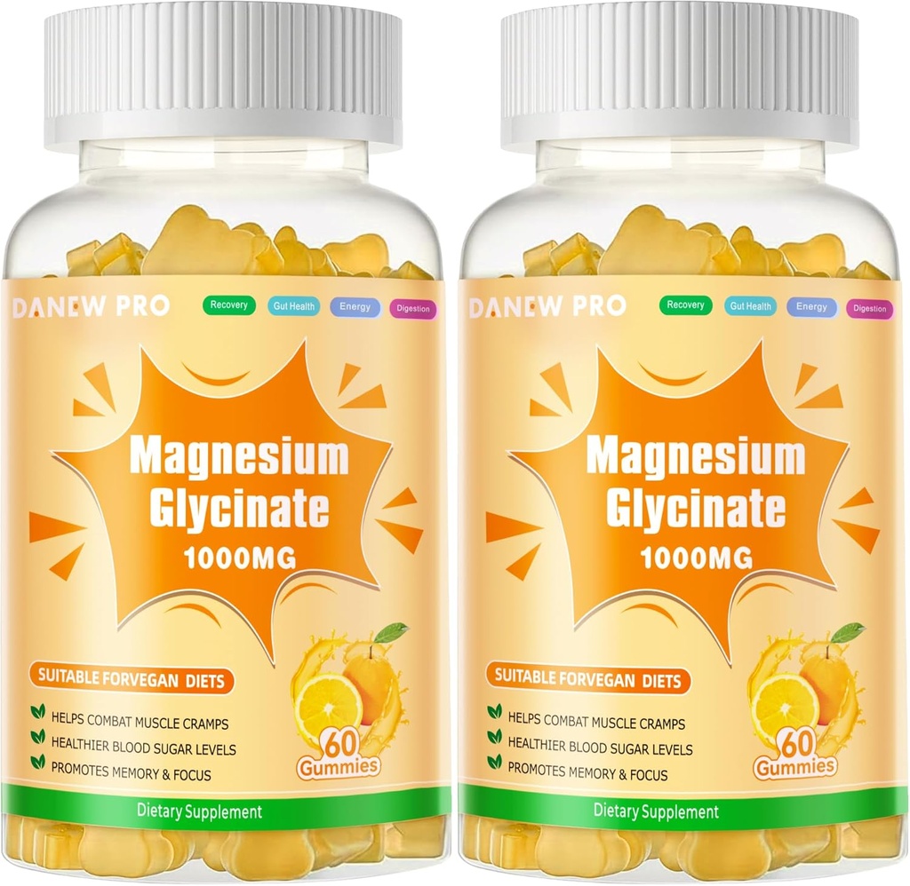 Magnezyum Glycinate Gummies 1000 mg - Sugar Free Magnezyum Pids Supplement with Vitamin D, B6, CoQ10 for Calm Mood & Sleep Support - 120 Orange Gummies