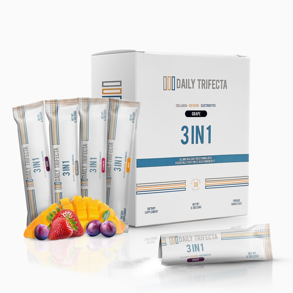 DAILY TRIFECTA 3-in-1 Collagen, Creatine & Electrolyte Stick Packs | Type I Collagen, Creatine Monohydrate, Zero Sugar | 30 Natural Single-Serve Packets | Strength, Hydration & Recovery (Strawberry)