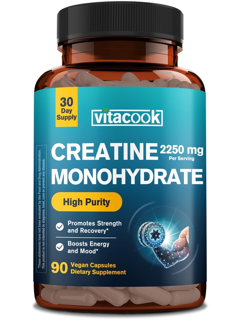 Creatine Monohydrate 2250 mg Per Serving, Micronized Creatine Capsules, for Strength, Energy, Recovery, High Absorption, for Women & Men, 90 Vegan Capsules