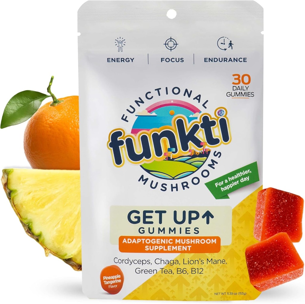 Focus Mushroom Gummies for Yetişkinler, Mushrooms Supplement with Cordyceps, Lion's Mane, Chaga, B6, B12, Green Tea - Get Up Gummies, One Per Day - Max Strength