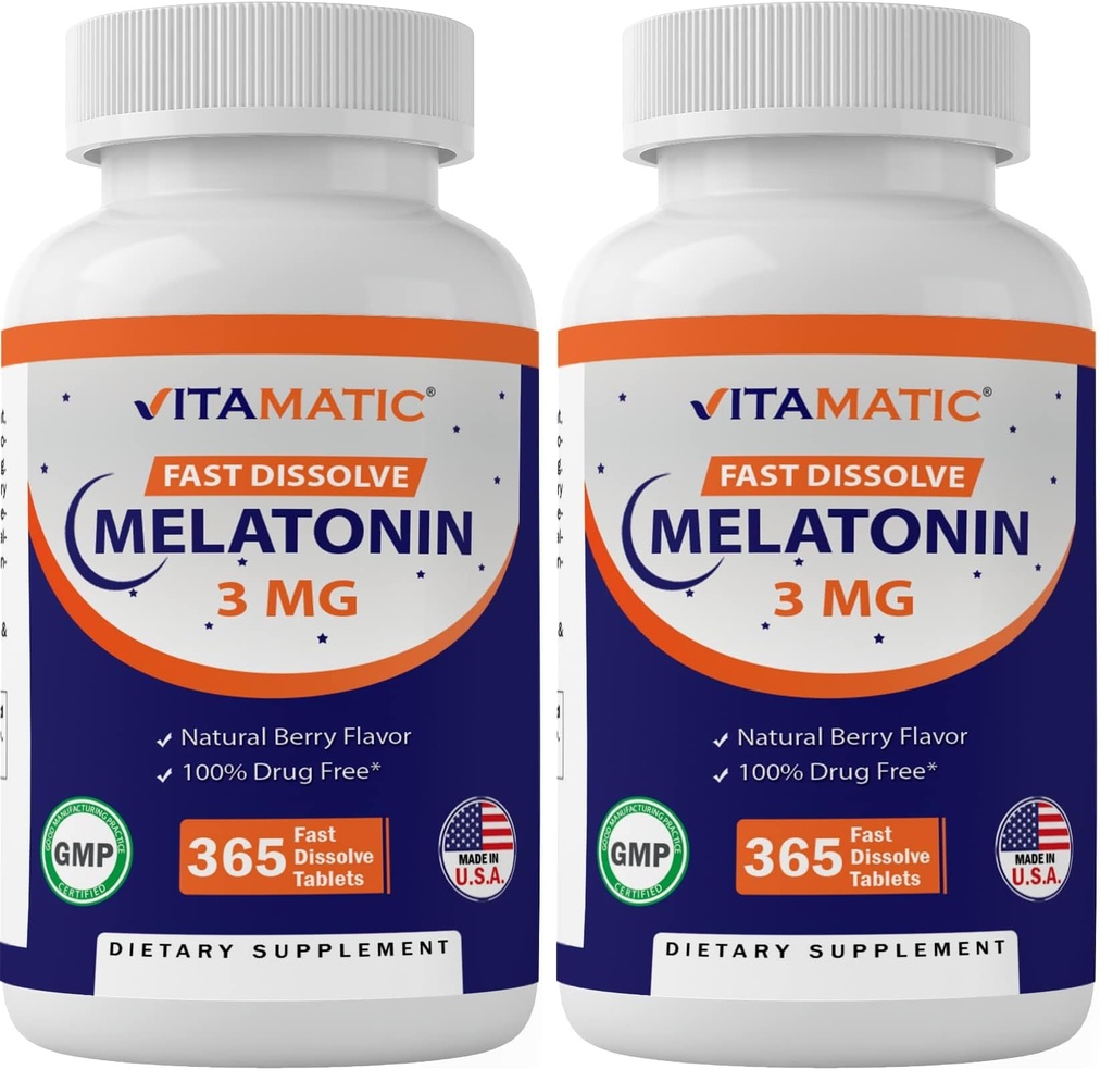 Vitamatic Melatonin 3mg Tablets | Vegetarian, Non-GMO, Gluten Free | 1 Year Supply | Natural Berry Flavor - 365 Tablets (Pack of 2)