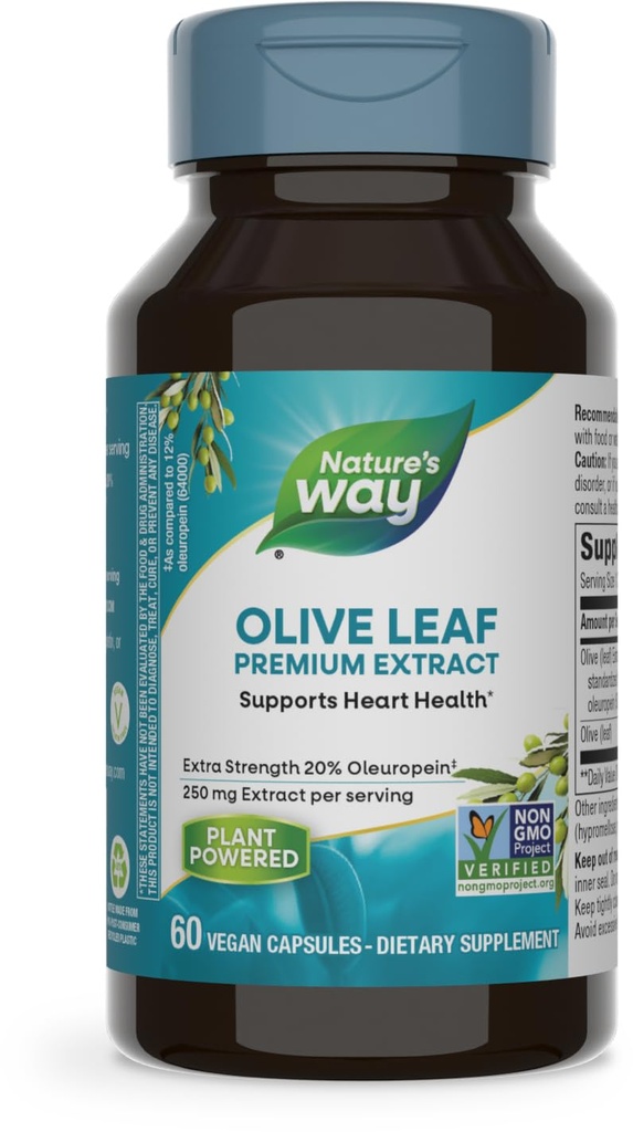 Nature's Way Olive Leaf, Premium Extract, Supports Heart Health*, 20% Oleuropein, 250 mg ανά μερίδα, Μη ΓΤΟ Έργο Επαληθευμένο, 60 κάψουλες Vegan (Packaging May Vary)