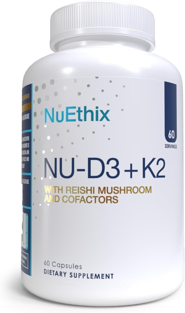 NuEthix Formulations NU-D3 + K2 - Vitamin D3 and K2 5000 iu Supplements - Packed with Reishi Mushroom, Magnesium, & Zinc - 60ct, 60 Servings - Made in USA Products Only