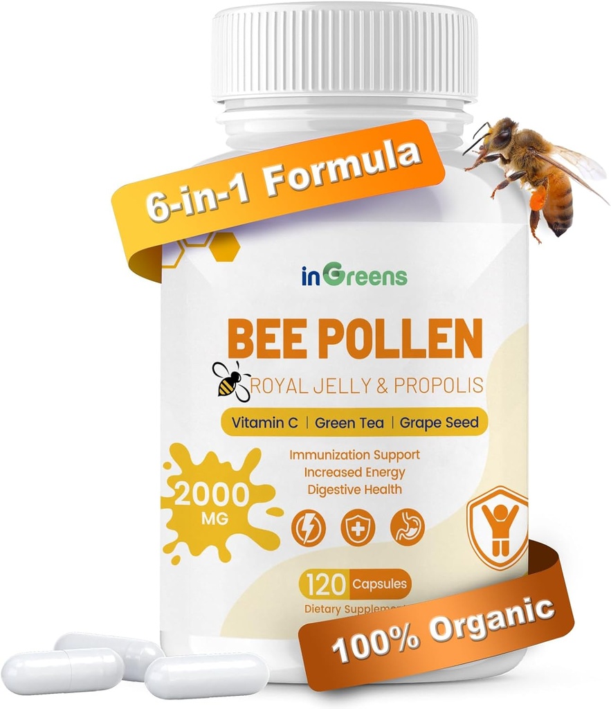 6-σε-1 Bee συμπλήρωμα γύρης, Bee γύρη για γυναίκες & άνδρες, ανοσοποιητική & ενεργειακή υποστήριξη, μη ΓΤΟ, Κατασκευασμένο στις ΗΠΑ, 120 κάψουλες