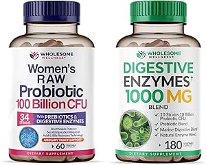 Wholesome Wellness Dr. Formulated Raw Probiotics for Women 100 Billion CFUs + Digestive Enzymes 1000MG Plus Prebiotics & Probiotics Supplement Bundle