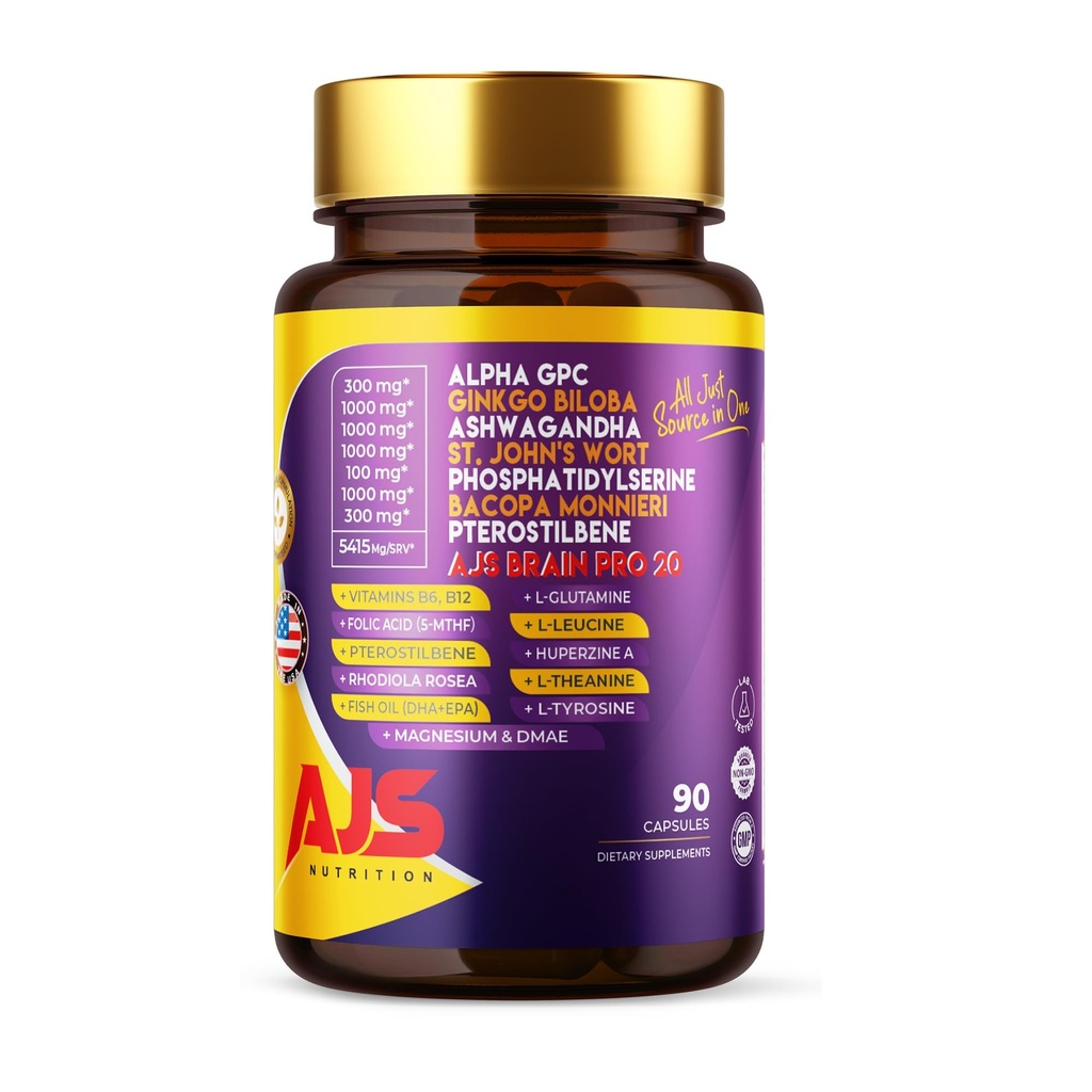 AJS Alpha GPC Nootropic Brain Supplement,Phosphatidylserine,St. John'sWort Ginkgo Biloba,Ashwagandha,Bacopa Monnieri,Pterostilbene,Magnesium Glycinate,G Biloba,5-MTHF,Huperzine A 60CT,90 kapsüller
