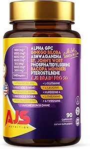 AJS Alpha GPC Nootropic Brain Supplement,Phosphatidylserine,St. John'sWort Ginkgo Biloba,Ashwagandha,Bacopa Monnieri,Pterostilbene,Magnesium Glycinate,G Biloba,5-MTHF,Huperzine A 60CT,90 kapsüller