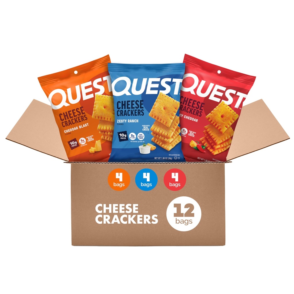 Quest Cheesy Protein Crackers Variety Pack, Zesty Ranch, Cheddar Blast, Spicy Cheddar, High Protein, Low Carb, 12 Count (4 each flavor)