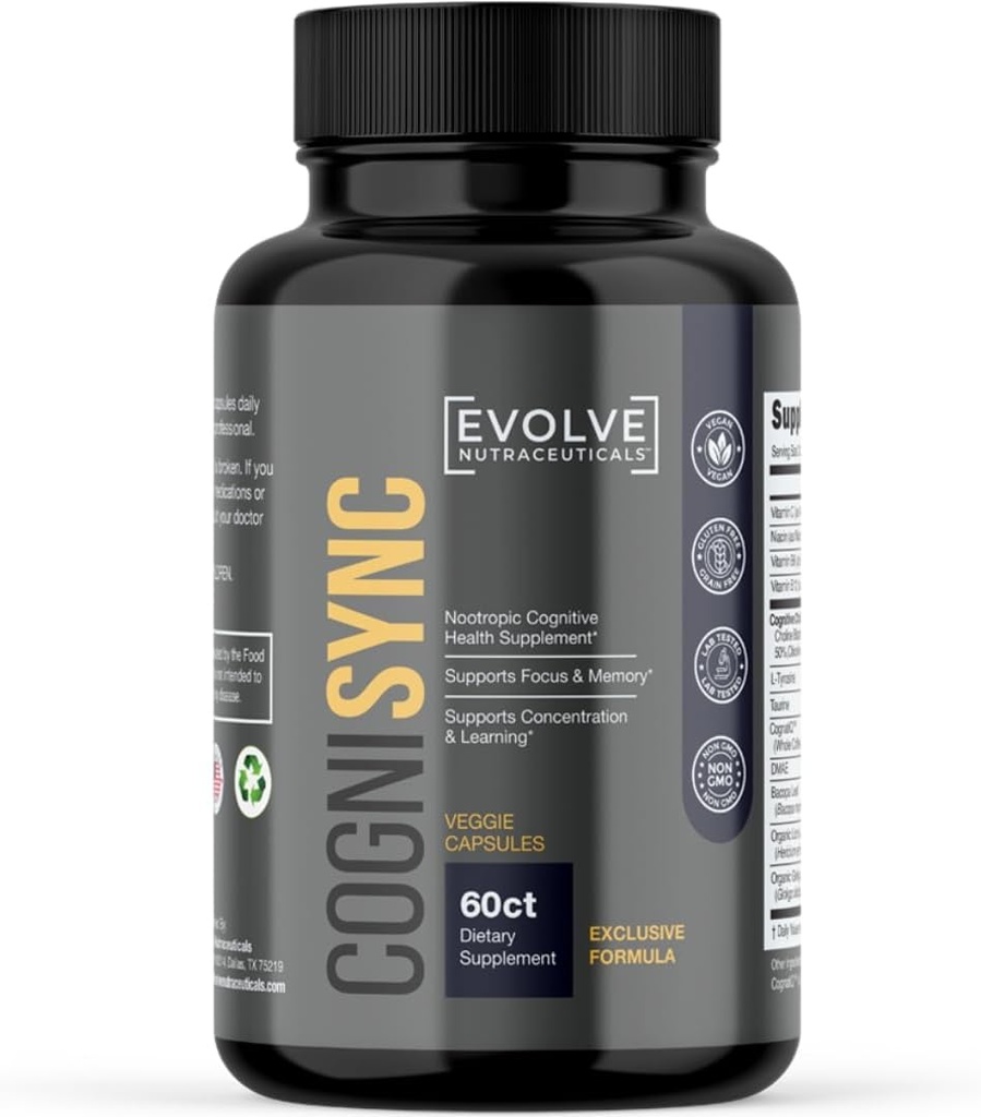 Cognisync Nootropic Brain Health Supplement 60ct, 12 Ισχυρά συστατικά, Mane Lion's, Alpha-GPC, Γνωστική Ενίσχυση, Υποστήριξη εγκεφαλικής ομίχλης, Υποστήριξη μνήμης, Smart Drug Εναλλακτική
