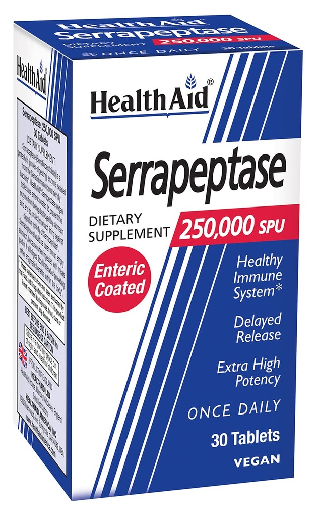HealthAid Serrapeptase 250,000 SPU – High Potency Proteolytic Enzyme – Enteric-Coated, Delayed Release – Supports Systemic Enzyme Activity & Protein Breakdown – Once Daily, Vegan – 30 Tablets*