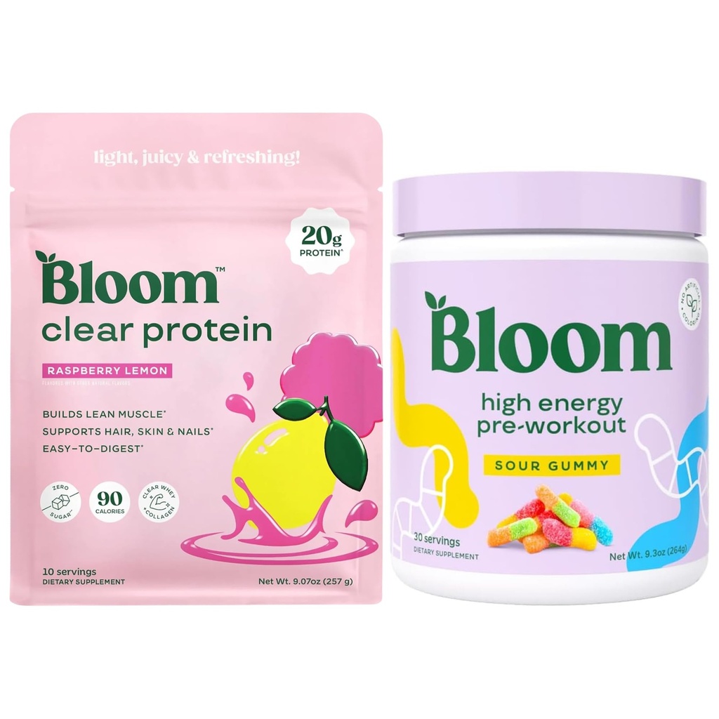 Bloom Raspberry Lemonade Clear Protein and Sour Gummy Pre Workout Bundle