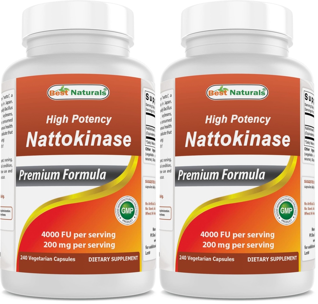 Best Naturals High Potency Nattokinase 4000 FU Per Serving/ 200 mg per Serving, 240 Vegetarain Capsules. Non-GMO, Gluten Free. (Pack of 2)