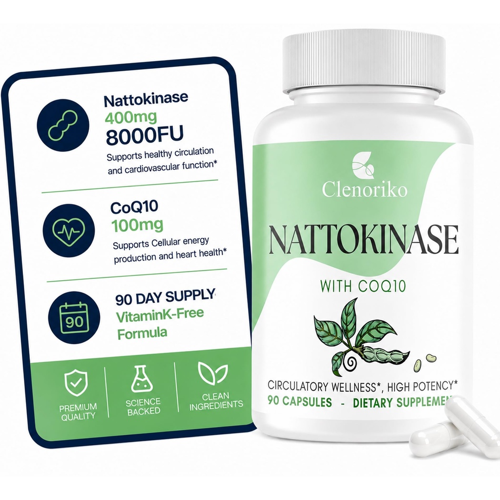Nattokinase Supplement | Nattokinase 8000 FU and CoQ10 100mg | 400mg Natto Enzyme, 8000 FU per Serving, 90 Capsules (90 Day Supply)