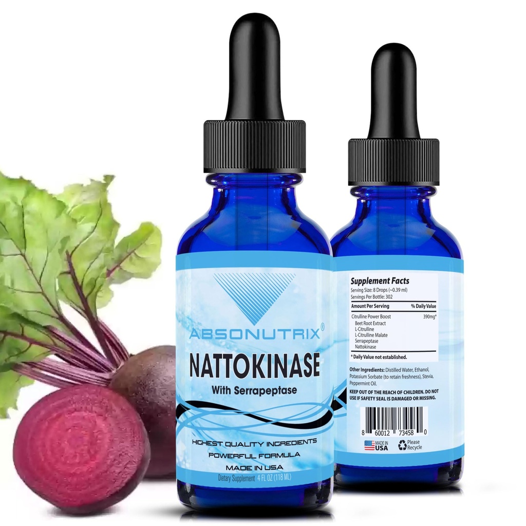 Nattokinase with Serrapeptase Supplement Liquid Drops - A, 390 mg, 4 FL OZ Liquid, 302 Servings, Made in USA, Beet Root Extract, Gluten-Free, Non-GMO, GMP Certified