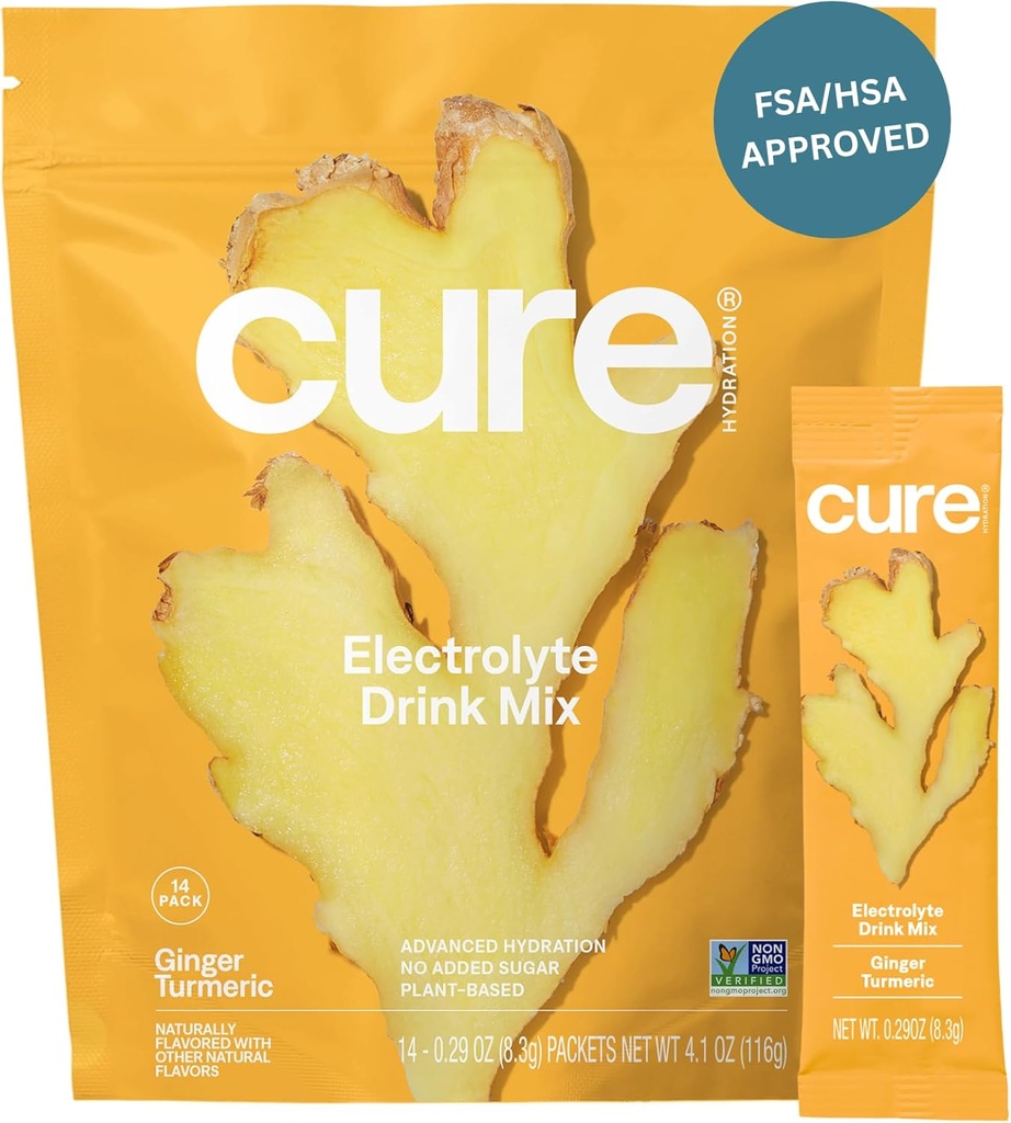 Cure Hydration | Plant-Based Electrolyte Drink Mix | Nodrew Sugar | FSA-HSA | Dehidrasyon Yardımı Tuvalet Su ile Yaptı | Non-GMO | Vegan | Pouch of 14 Packets - Ginger Turmeric