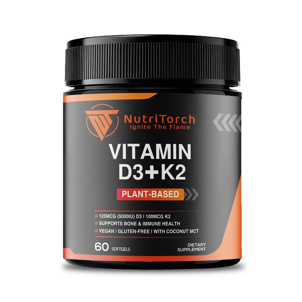 Vitamin D3 + K2 Plant-Based Supplement, 5000 IU D3, 100mcg K2, 60 Softgels, Vegan, Gluten-Free with Coconut MCT for Bone & Immune Health