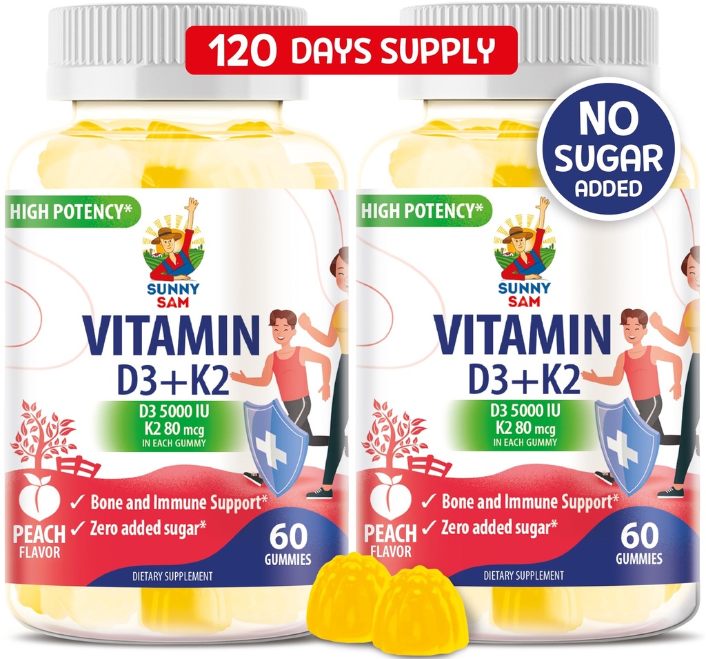 SUNNY SAM Sugar-Free Vitamin D3 K2 Gummies 5000 IU - Immune & Bone Support - Vitamin D Gummy Supplement for Adults - High-Absorption, Vegan, Halal, Gluten-Free Chewable Vitamins - 120 Count