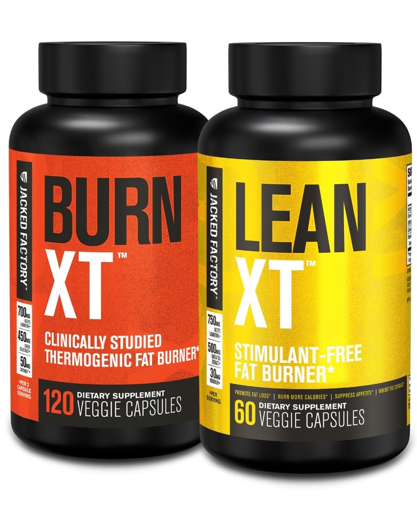 Jacked Factory Burn-XT Klinik olarak Studied Fat Burner & Kilo Kayıp Supplement - Appetite Suppressant & Enerji ATM (120 Capsules) & Lean-XT Caffeine-Free Fat Burner (60 Capsules)