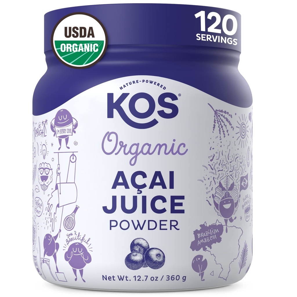 KOS Organik Acai Juice Toz - USDA sertifikalı Organik, Bitki bazlı Superfood Antioksis, Superberry from Brazil, Great for Smoothies and Bowls, 0g Sugar, Vegan, Gluten-Free, Non-GMO - 120 Servisler