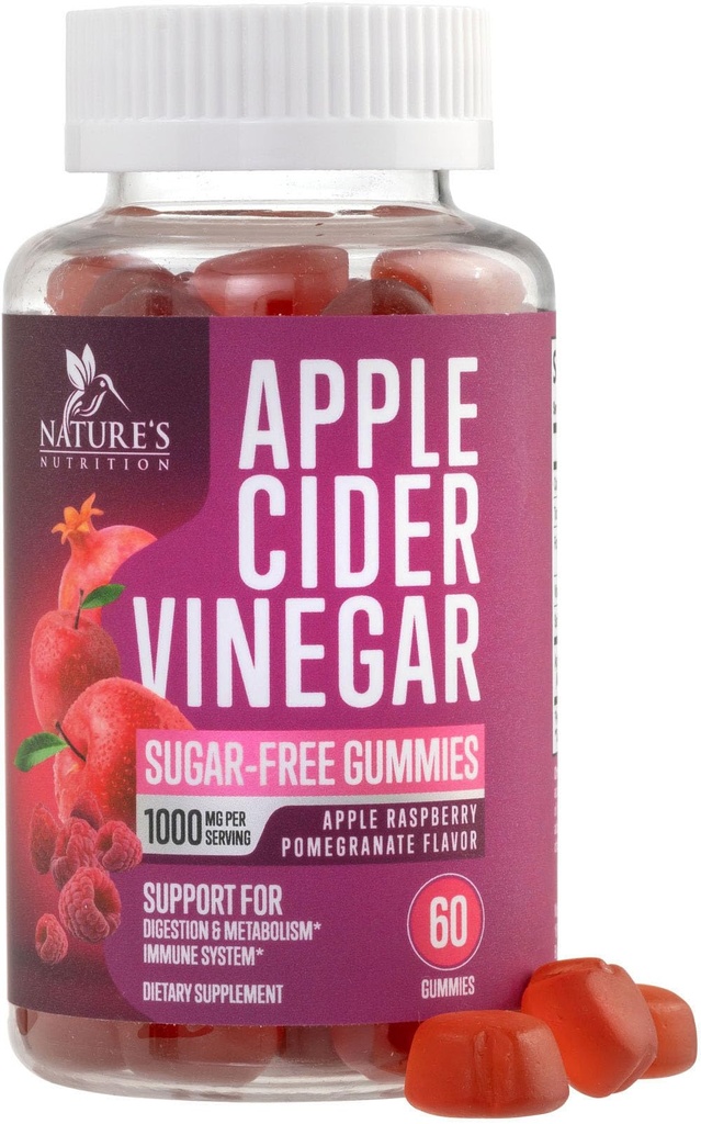 Apple Cider Vinegar Gummies 1000mg per Service - Sugar Free Max Strength ACV Gummy Vitamins Supplement, Advanced Formula, B12 Supports Metabolism & Energy, Keto Friendly, Vegan, 60 Gummies