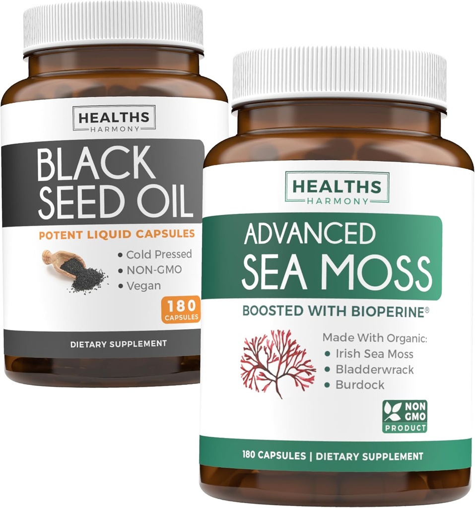 Black Seed Oil & Irish Sea Moss (3-Month Supply) - Power Duo Bundle Black Seed Oil (180 Κάψουλες) Ψυχρό-Pressed Nigella Sativa & Irish Sea Moss (180 Κάψουλες) με Bioperine και Bladderwrack