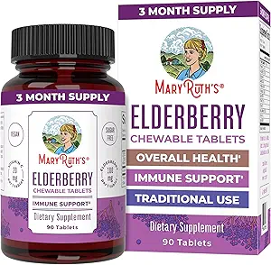 MaryRuth Organics Elderberry Vitamin C Chewable Tabletler | Sambucus nigra | Black Elderberry for Immune Support | 3 Ay Supply | Gluten Free | Non-GMO | 90 Servisler