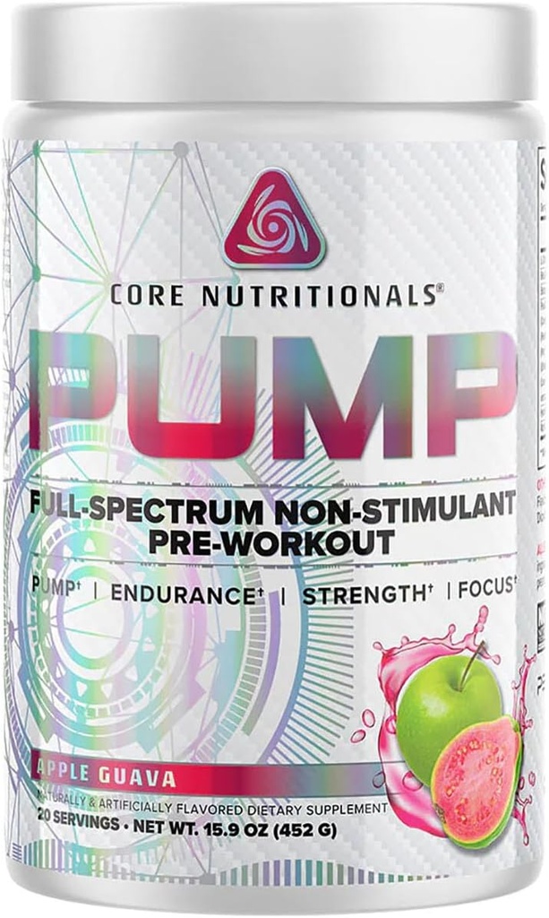 Core Nutritionals Αντλία Full-Spectrum Non-Stimulant Pre-Wortout, με N03T Νιτρικό, Peak02, Alpha GPC, για μέγιστη αντλία, δύναμη, και απόδοση 20 εξυπηρετήσεις (Apple Guava)