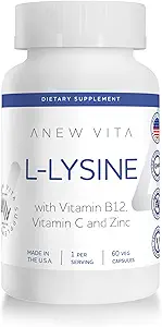 Συμπλήρωμα L-Lysine με Βιταμίνη B12 + C + Ψευδάργυρο για Χείλη, Στόμα, και στοματική υγεία ιστού - Ενισχυμένη υποστήριξη ευεξίας - Μη ΓΤΟ, Χωρίς γλουτένη - Κατασκευάζεται στις ΗΠΑ - 60 κάψουλες λαχανικών, 500mg