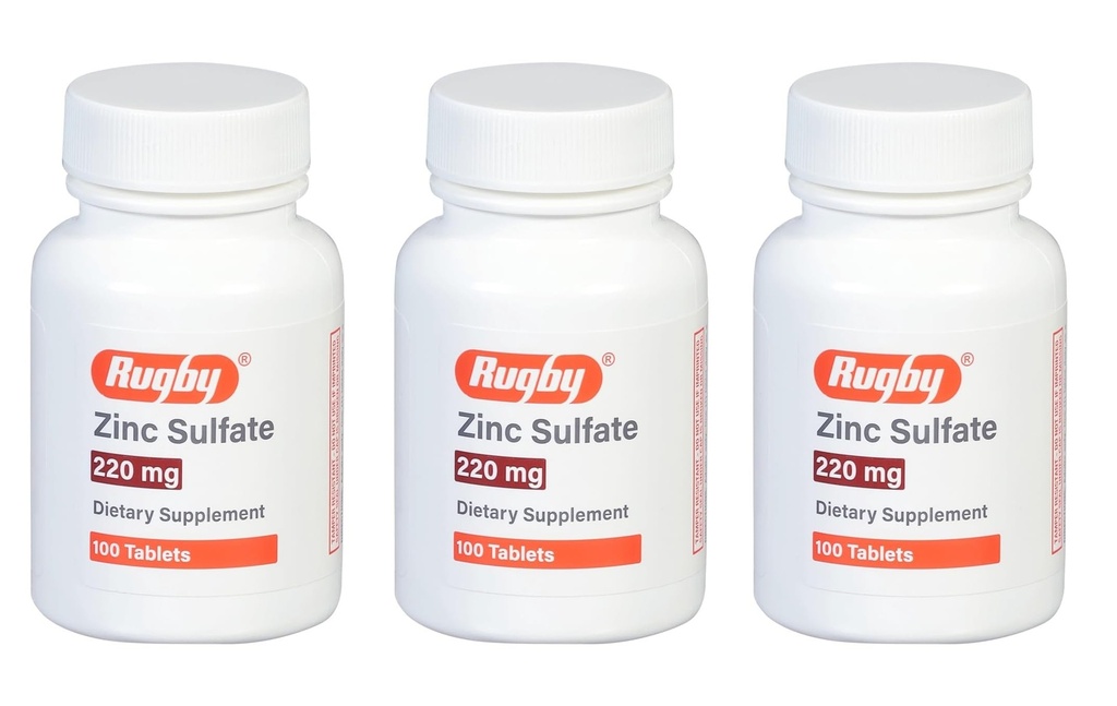 Rugby Zinc Sulfate 220 mg Tablets - Made with Zinc Sulfate Heptahydrate - Dietary Supplement - 100 Count (3 Pack)