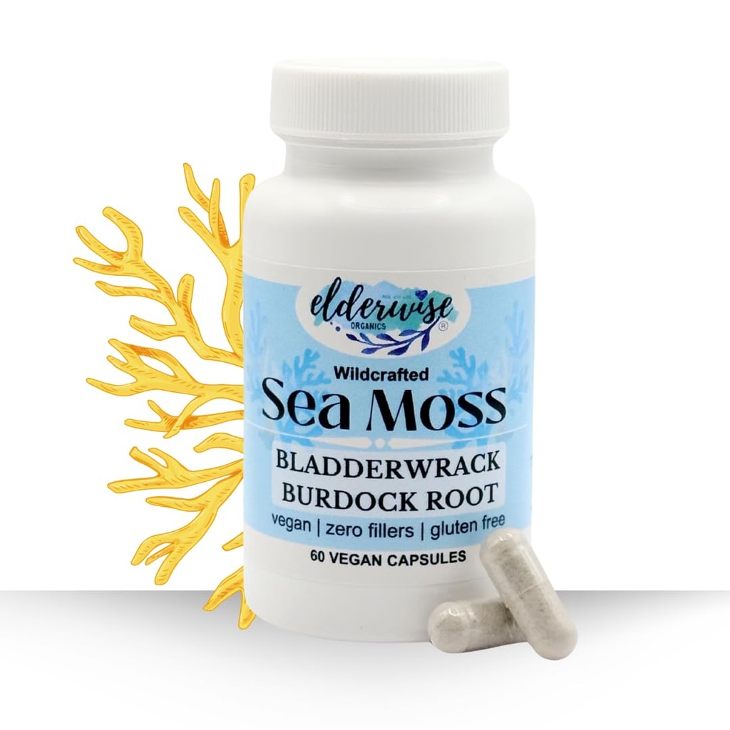 Kάψουλες Elderwise Sea Moss - Sea Moss με Burdockroot & Bladderwrack - Συμπλήρωμα Superfood - 60 Κάψουλες Vegan - 30 Ημέρα προσφοράς - Δοσολογία 2 την ημέρα - 1400 mg