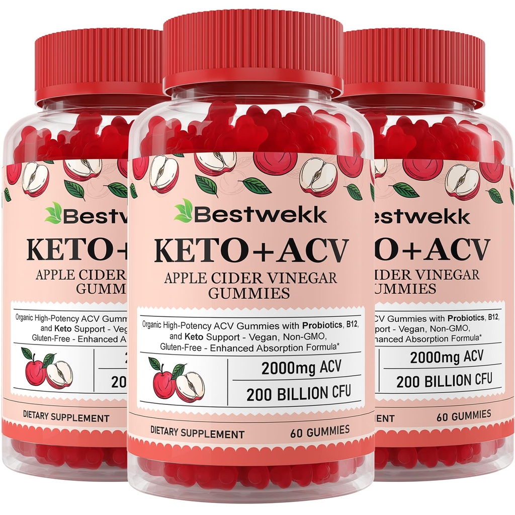 Apple Cider Vinegar Gummies, Max Strength 2000 mg ACV Gummy with Probiyotiks, B12 ve Keto Support, For Digestion, Metabolism, Detox, Gut & Immune Health, Gelatin-Free, Non-GMO, 180 keto ac