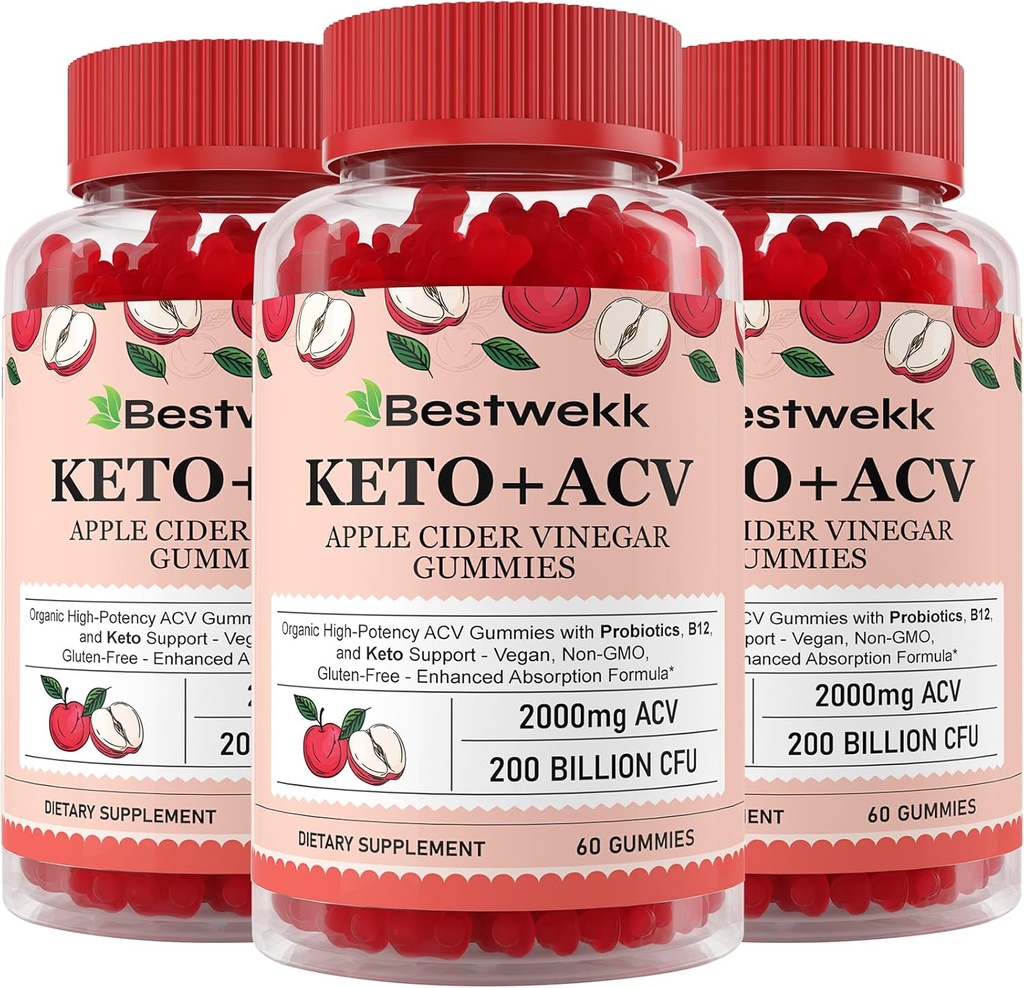 Apple Cider Vinegar Gummies, Max Strength 2000 mg ACV Gummy with Probiyotiks, B12 ve Keto Support, For Digestion, Metabolism, Detox, Gut & Immune Health, Gelatin-Free, Non-GMO, 180 keto ac