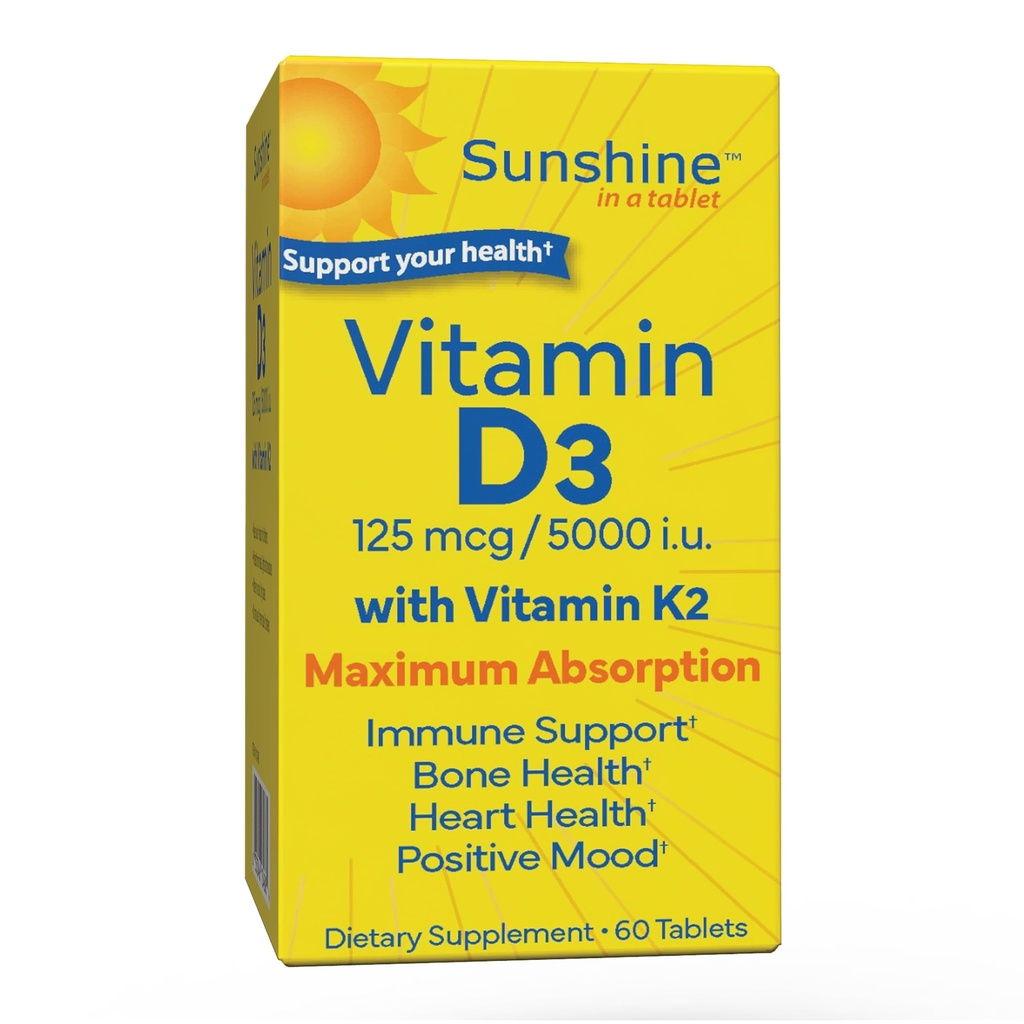 Sunshine Vitamin D3 with Vitamin K2, D3 5000 IU with K2 100 mcg for Healthy Muscle Function, Bone Health and Immune Support, Vitamin D3 K2, 60 Tablets