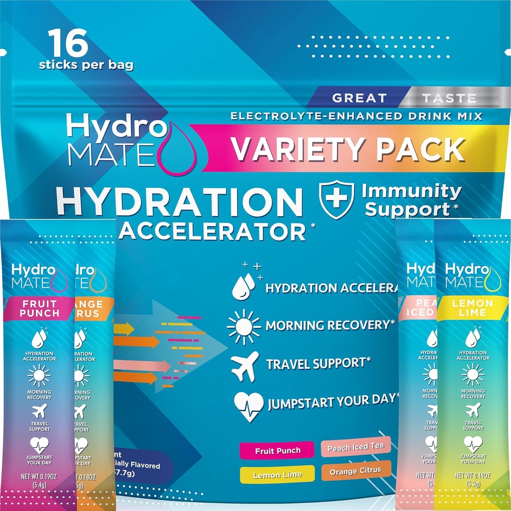 HydroMATE Electrolyte Toz Çeşitli Paketi Hydration Packets Low Sugar 16 Count