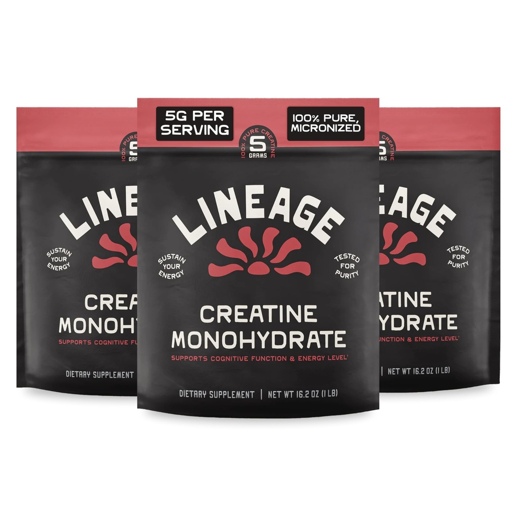 Lineage Provisions Micronized Creatine Monohydrate Powder with Sea Salt – Bulk 3 Pack – Unflavored Creatine Supplement for Men & Women – Easy Mix, 90 Servings Each