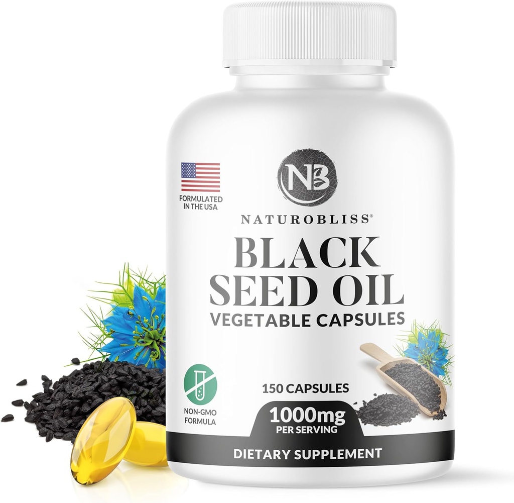 NaturoBliss Black Seed Oil - 150 Softgel Capsules Skin Health (Non-GMO & Vegan) Premium Cold-Pressed Nigella Sativa Prodüksiyon Pure Black Cumin Tohum Yağı - 1000 mg Per 2 Capsule Servisi - 75 Servisler