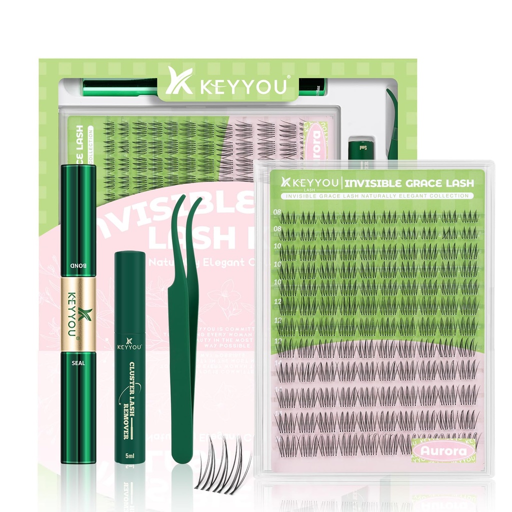 KEYYOU Aurora Lash Clusters Kit Fairy Lash Extension Kit C Curl 120Pcs Eyelash Extension Kit Wispy Natural Invisible Band Lash Kit with Waterproof DIY Lash Extension Kit at Home(Aurora-C-8-16MIX)